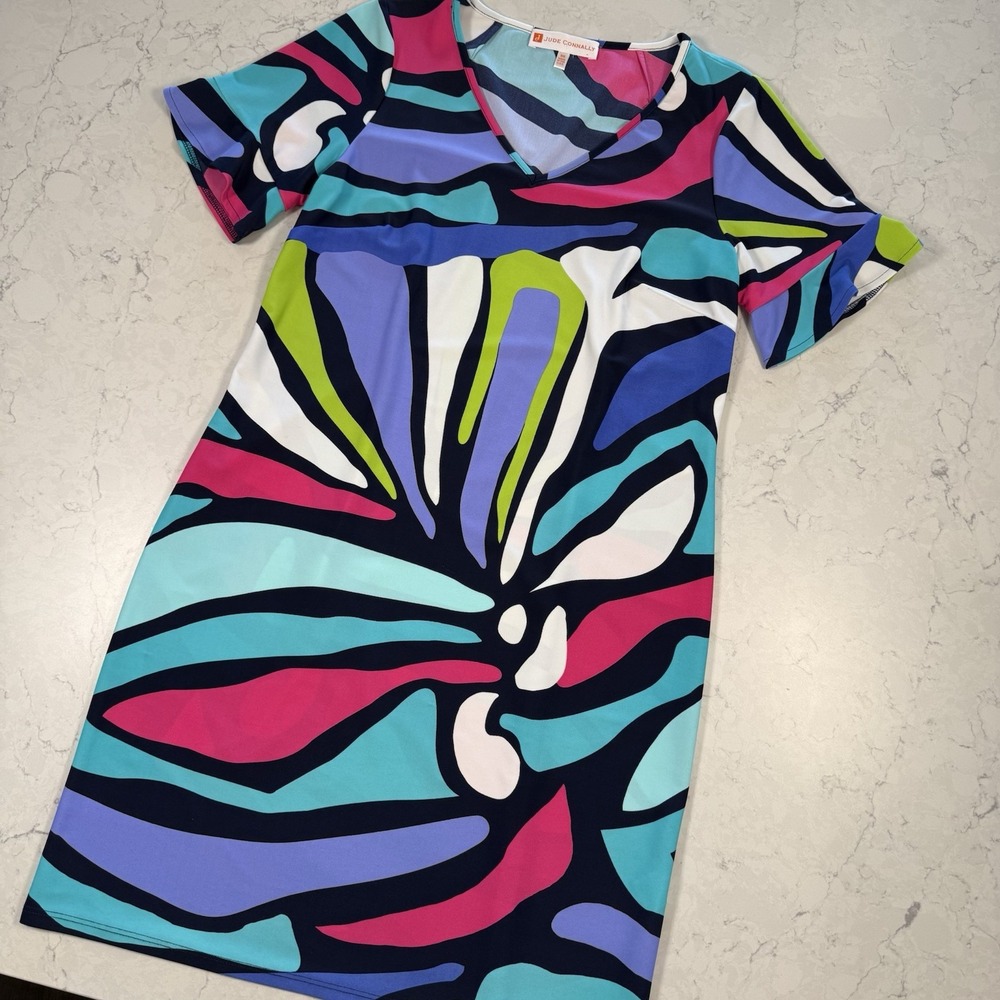 Jude Connally Women's Dress Short Sleeves Abstract Knee Shift Stretch Multi XS